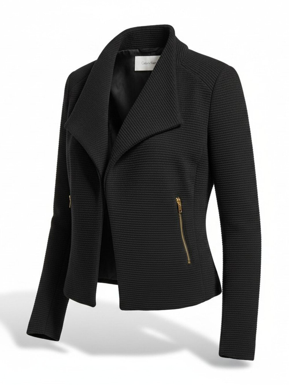 Calvin Klein Black Ribbed Draped Open Front Blazer Gold Zipper Accents Small